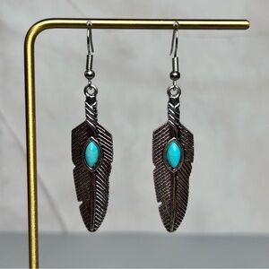 Silver Tone and Turquoise Stone Feather Earrings